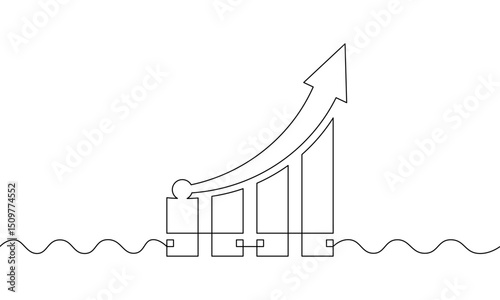 Continuous one line drawing of graph business growth. Illustration vector of increasing arrow up. Bar chart sign symbol. Single line art. Flat icon