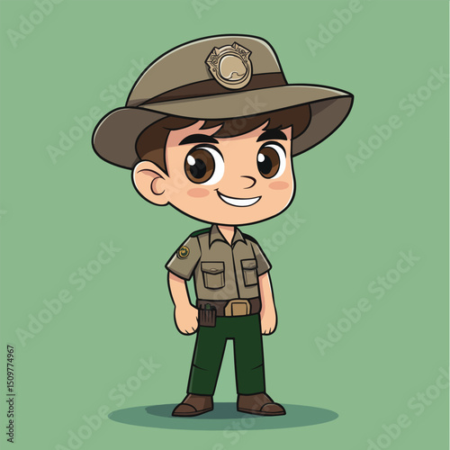 Cheerful Cartoon Child Park Ranger in Uniform