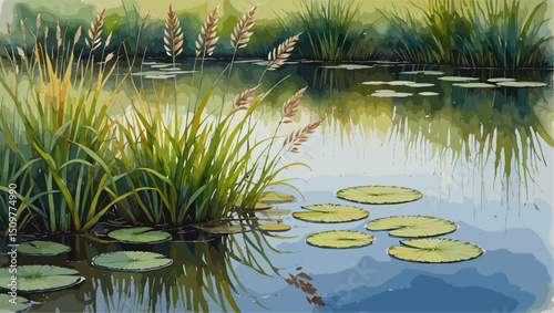 watercolor pond reeds lily pads