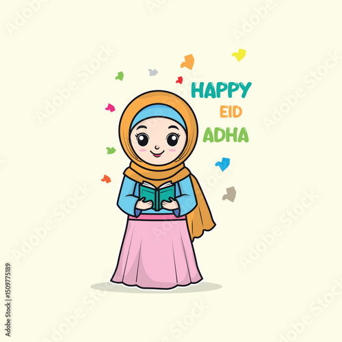 Happy Eid Al Adha Greeting with Muslim Girl Reading Qur'an Cartoon