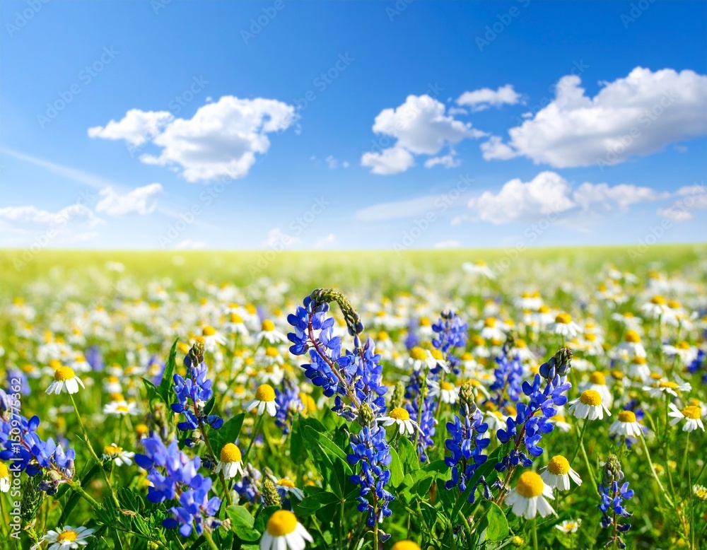 Fototapeta premium Beautiful field meadow flowers chamomile, blue wild peas in morning against blue sky with clouds, nature landscape, close-up macro. 