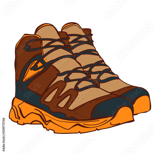 Hiking Boots Illustration, Pair of Trekking Boots, Outdoor Hiking Footwear, Outdoor Hiking Footwear. Vector Illustration