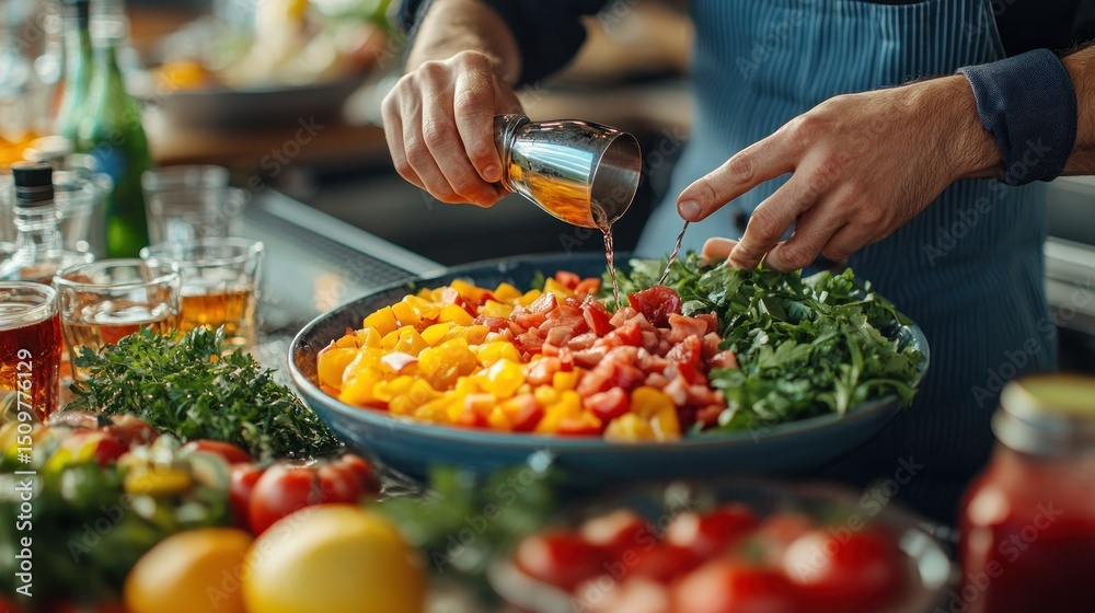 Obraz premium Chef preparing a vibrant salad with dressing