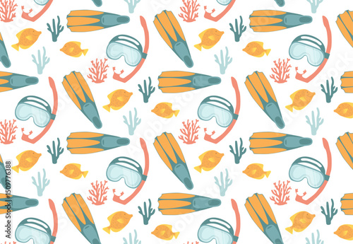 Colorful vector illustration featuring a seamless pattern of diving gear and marine life elements, including masks, fins, snorkels, fish, and coral. Perfect for summer, travel, and marine themes.