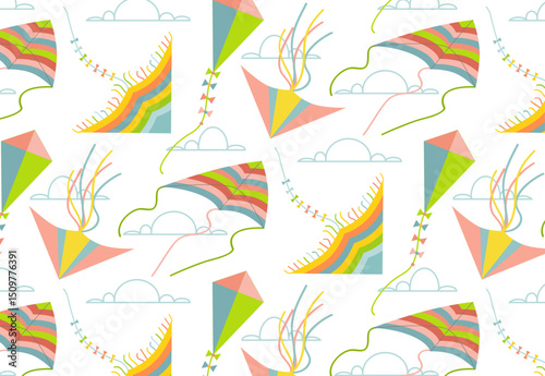 Seamless vector illustration featuring vibrant kites in various designs set against a simple cloud background. Perfect for playful and creative projects, evoking joy and freedom.