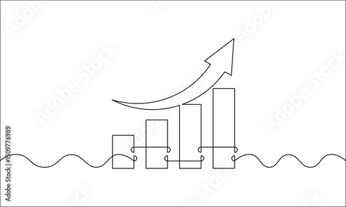 Continuous one line drawing of graph. Single line art of increasing arrow up. Business growth sign symbol. Illustration vector of flat icon. Bar chart