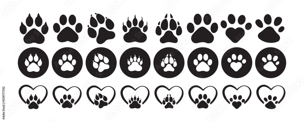 Heart and Paw Print Vector Icons Set, Victor illustration, eps 10.