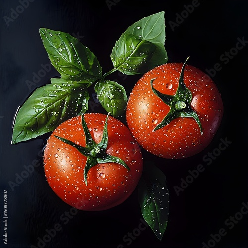 Photo of vibrant red tomatoes and fresh basil leaves, emphasizing the freshness of natural ingredients