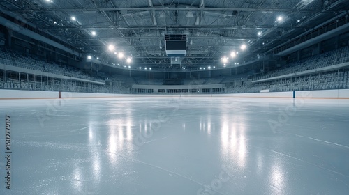Wide angle view of an empty hockey stadium with clean white ice rink reflecting arena lights under natural ambient lighting