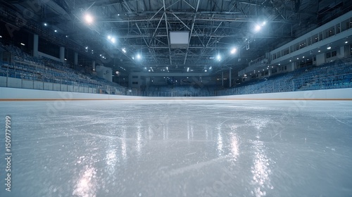 Wide angle view of an empty hockey stadium with clean white ice rink reflecting arena lights under natural ambient lighting
