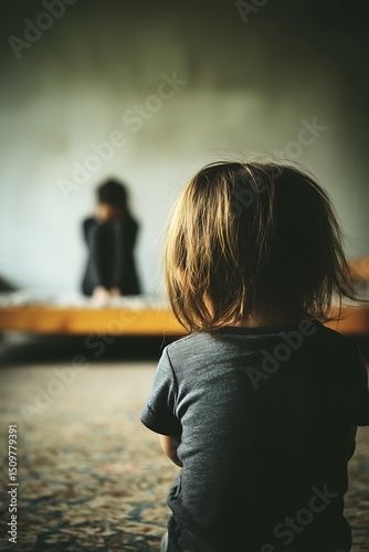 Child looking at mother, bedroom scene