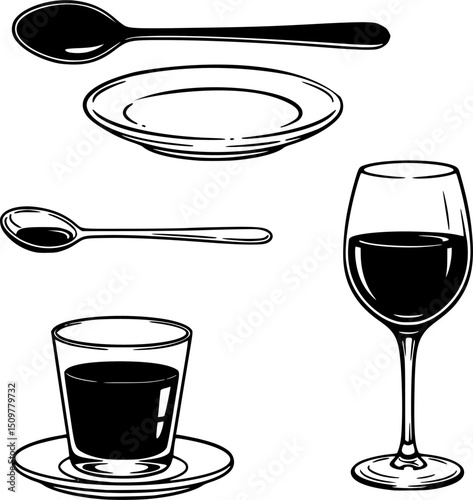 Silhouettes of plates, spoons, and a glass create a minimalist image of kitchenware.