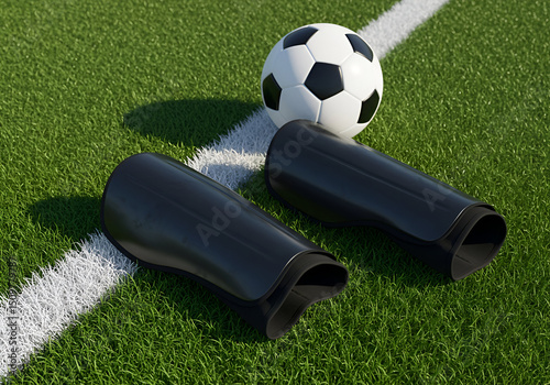 Black Soccer Shin Guards on a Green Field with Ball