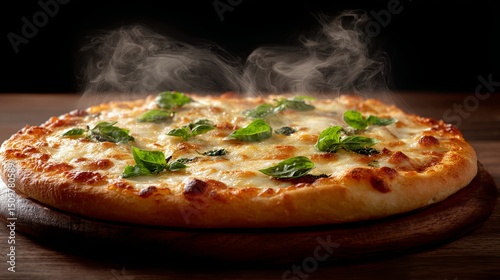Hot Italian pizza with golden crust and melted mozzarella cheese, topped with fresh basil leaves and steaming fresh from the oven on a dark rustic wood table background.