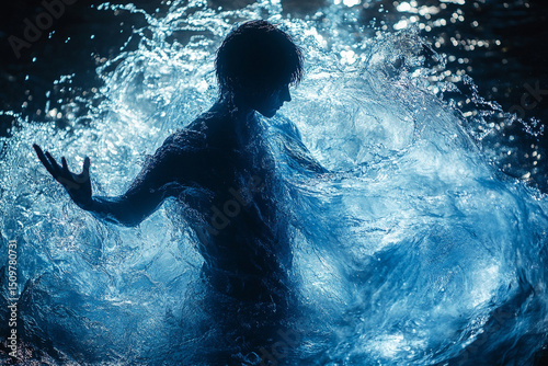 Silhouette of an elemental mage controlling water