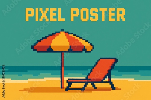 Pixel style beach umbrella and sunbed on the shore, retro summer vacation vibes poster art