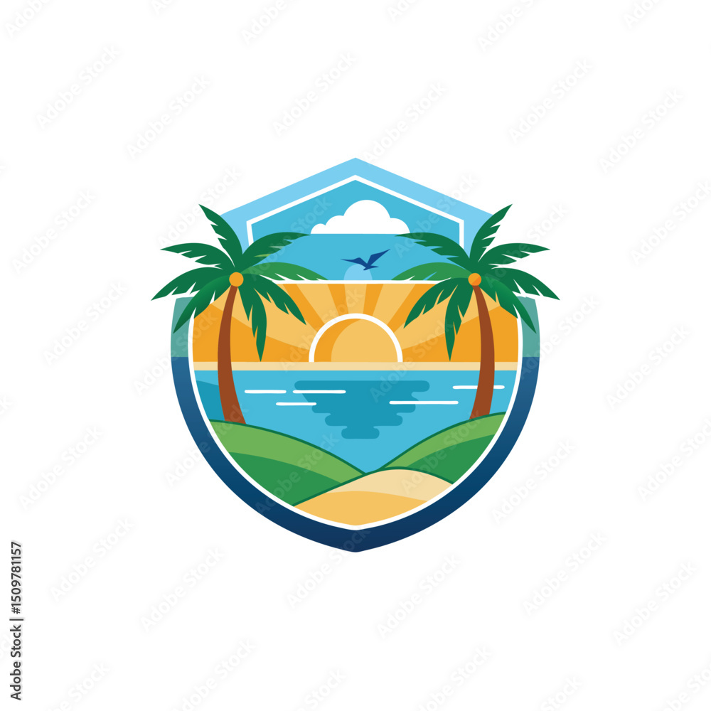 Fototapeta premium Travel, Beach and palm trees trees in the ocean template for logo Isolated white background