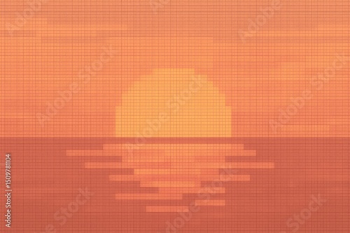 Vintage Pixel Sunset — Tranquil Grid Landscape with Reflected Sun, Minimal Nostalgic Art