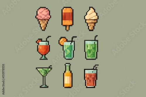 Retro Pixel Summer Treats — Ice Cream & Drinks, Vibrant Minimal Food Grid, Summer Menu