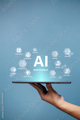 Responsible AI concept with ethical principles transparency and social impact in technology