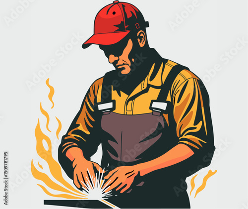 Determined welder crafting metal sparks in minimalist pop art, pride