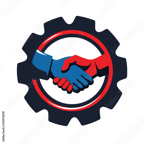 Labor union logo with gear and handshake, symbolizes solidarity