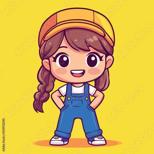 Cheerful Cartoon Construction Worker with Braided Hair and Overalls