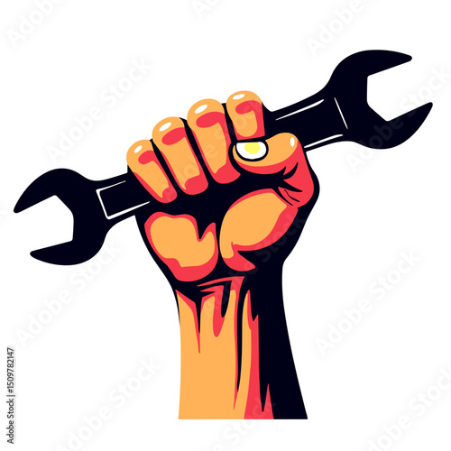 Strong fist holding wrench in pop art style, pride and solidarity