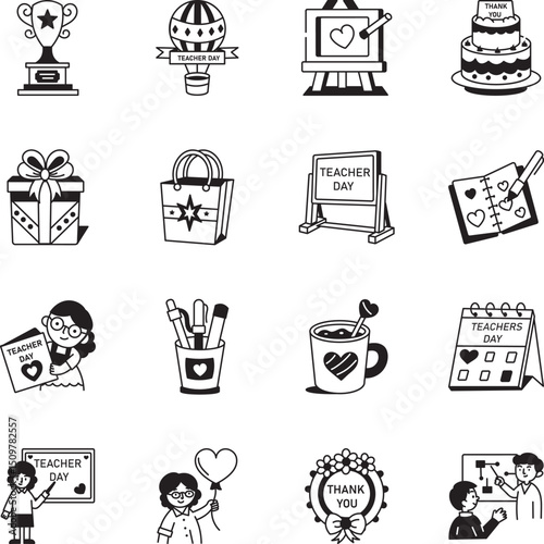 Set of Hand Drawn Happy Teacher Day Icons 
