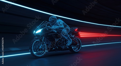 Motorcycle Digital Art Neon Lit Tunnel