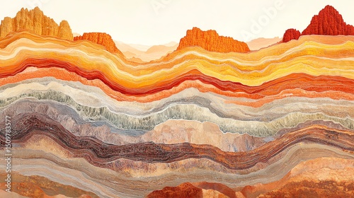 Abstract landscape with colorful layers of earth and rock formations.