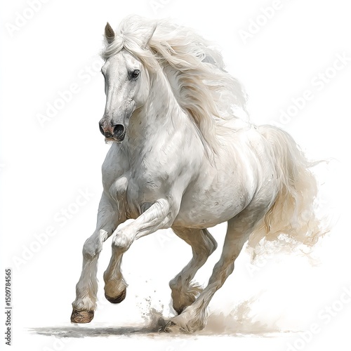 White horse running wild free beautiful equine animal majestic stallion thoroughbred galloping isolated image