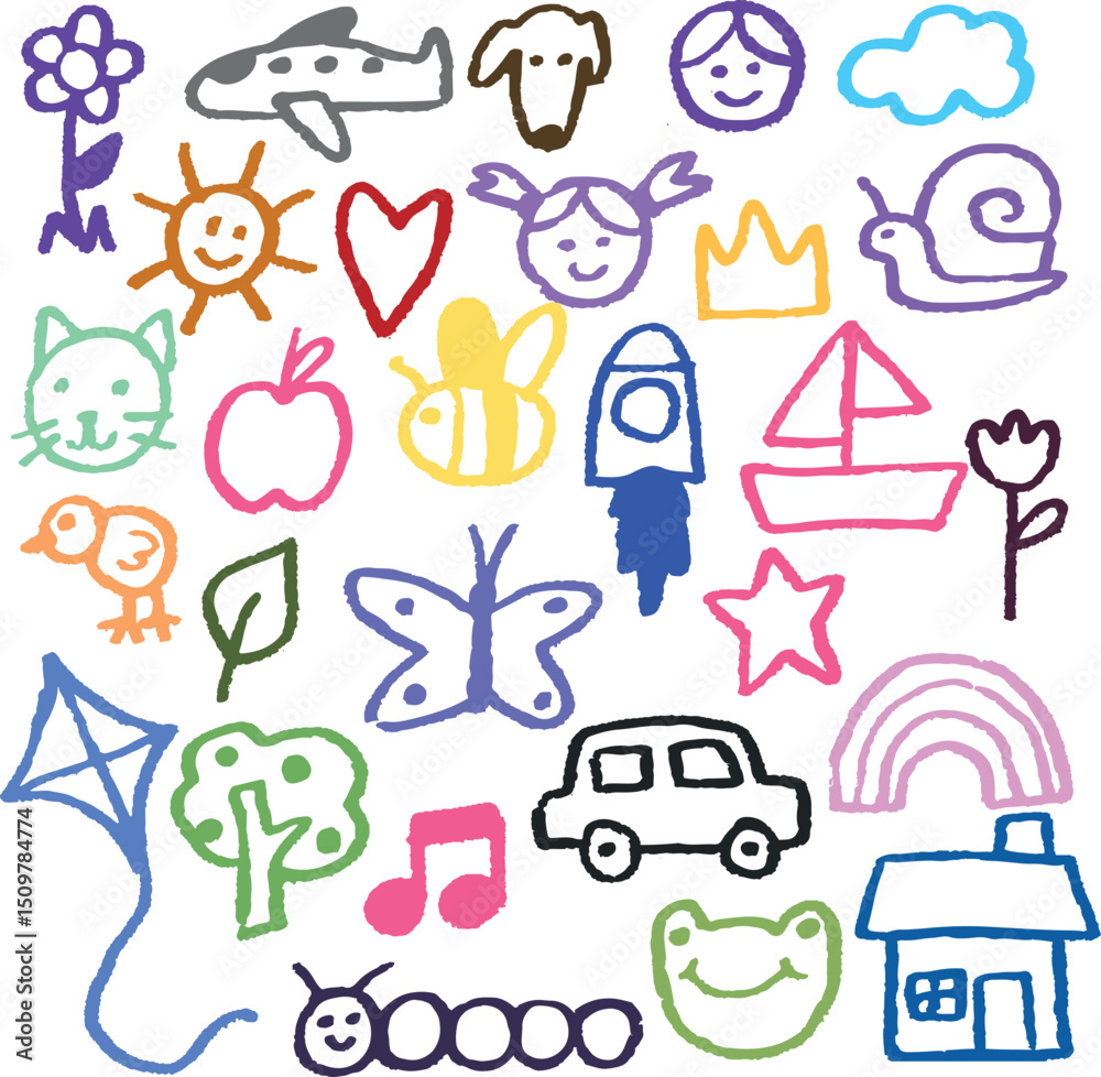 Obraz premium Set of colorful children's drawings, hand-drawn in crayon or marker. Includes elements such as animals, objects, nature, children, rainbows, and simple shapes. Ideal for educational materials, school 