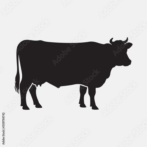 Silhouette of a black cow standing sideways on a white background ready for design use