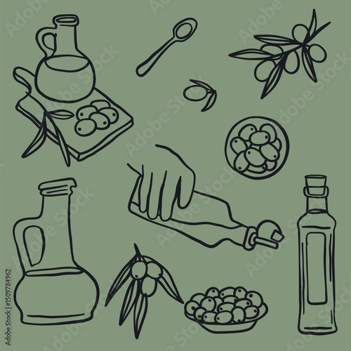 Set of illustrations of olive oil and elements, such as bottles, olive branches, and olives. Hand-drawn doodle style.