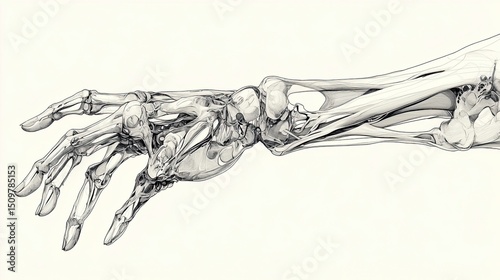 Anatomical illustration of a hand and wrist showing bones and tendons in monochrome style art