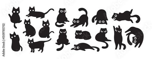 Funny Cat Silhouettes with Big Eyes – Cartoon Black Cat Vector Collection, vector illustration 