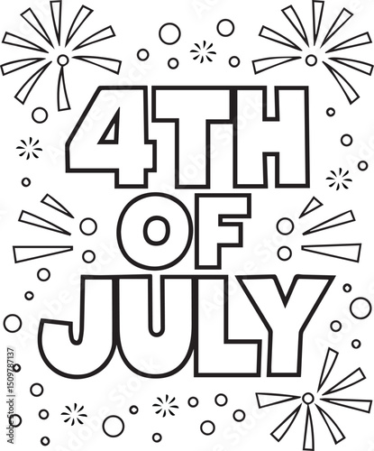 4th of July Coloring Page with Fireworks and Stars – Independence Day Patriotic Vector Illustration, Patriotic Coloring Sheet for Kids, 4th of July Coloring Page – Stars and Fireworks Theme