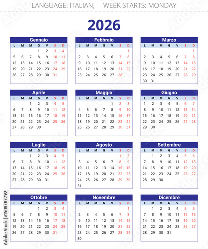 2026 year calendar. Italian language. 12 months. Printable vector illustration Italy