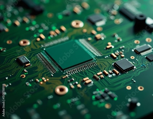 Green Circuit Board with Microchips Close-up Electronic Technology