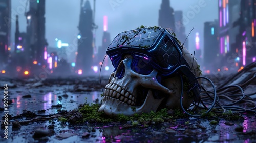 Skull wears a VR headset in a cyberpunk city full of technology.