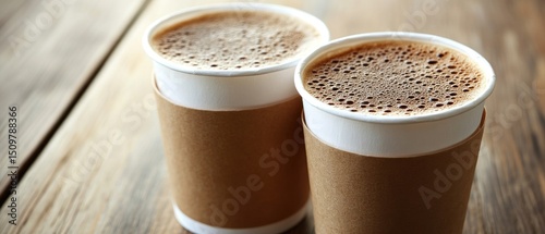 Two disposable coffee cups on a wooden table (1) photo