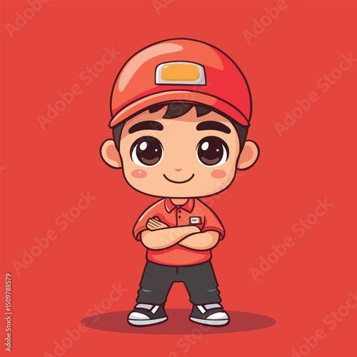 Cheerful Cartoon Delivery Boy in Red Uniform