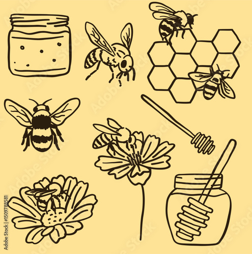 Set of illustrations of bees and honey-related elements, such as honeycombs, jars, and flowers. Doodle or hand-drawn style.