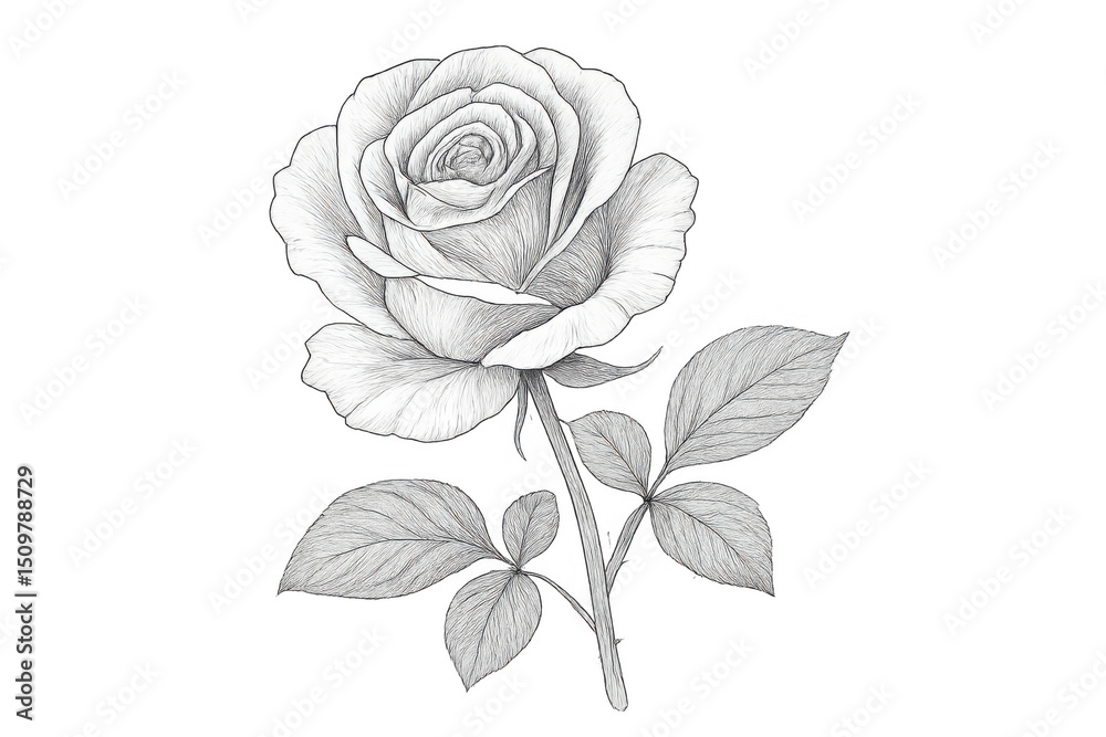 Obraz premium Detailed pencil drawing of a blooming rose with leaves and stem, isolated on a transparent background