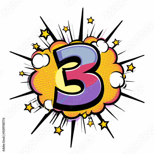 Colorful comic book style illustration of the number three in a burst, vector image 