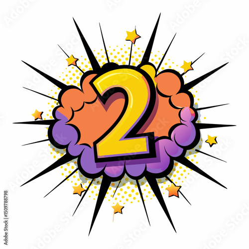 Colorful "4" in comic book style surrounded by dynamic elements, vector image  