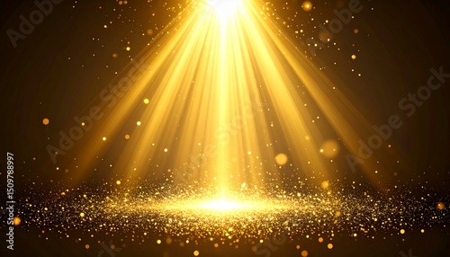 輝く光と金色の粒子が降り注ぐ、神秘的なエネルギーの表現A mysterious energy expression with shining light and golden particles falling.