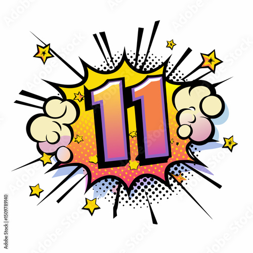 Pop art style illustration of number 11 in comic book design, vector image  