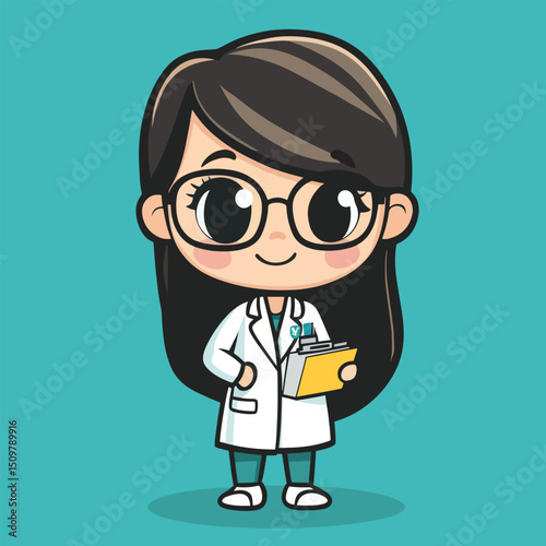 Cheerful Cartoon Doctor Girl with Large Glasses and Files